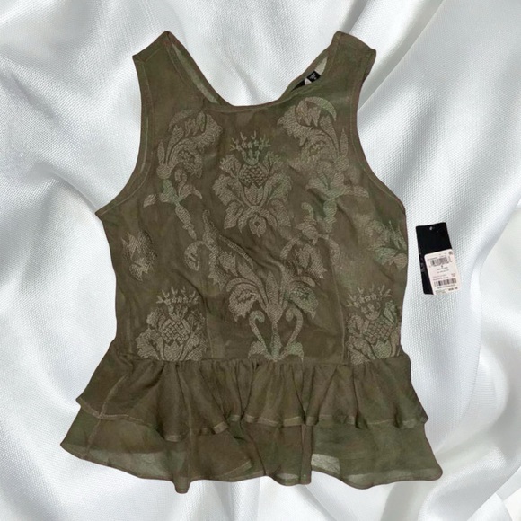 Fairycore sage sheer embroidered peplum ruffle blouse - Picture 2 of 4